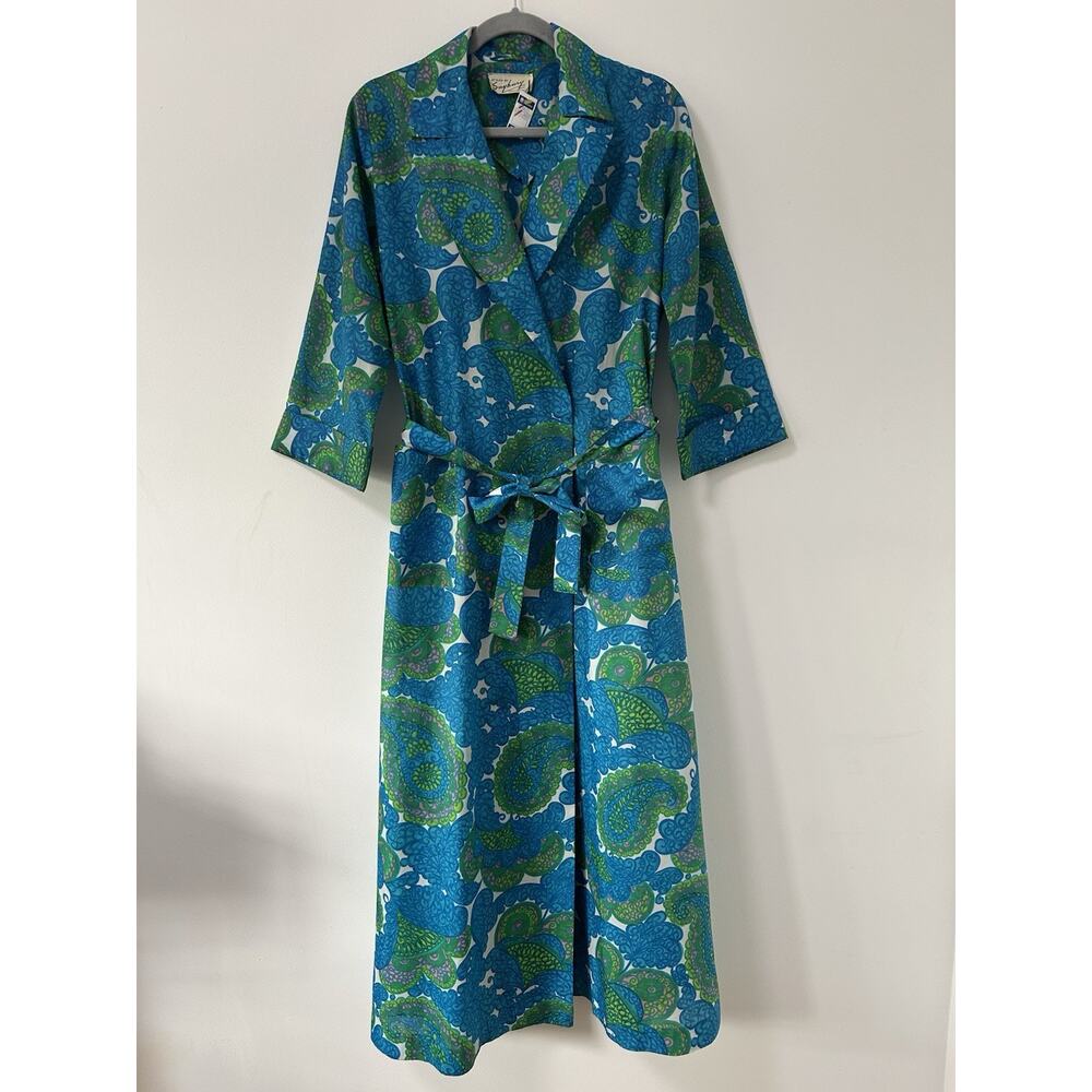 Vintage 70s Flower Child House Dress Teal Tie Dye‎ Ethereal Fairy Robe Disco Med